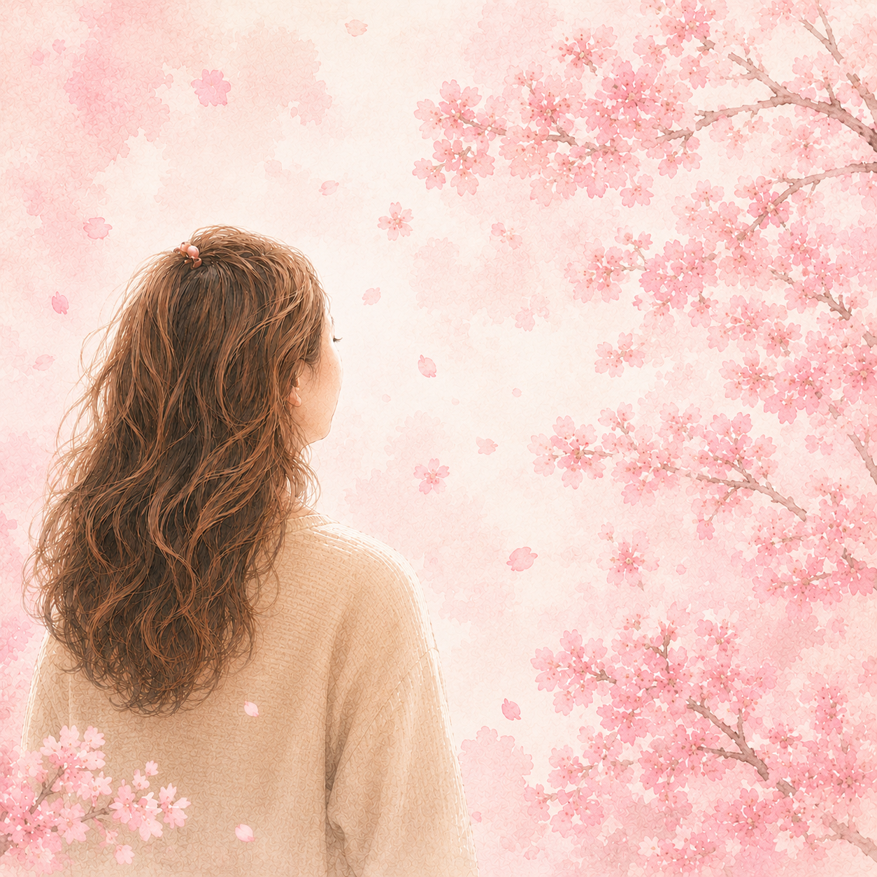 桜を見上げる、なんばるわんの後ろ姿